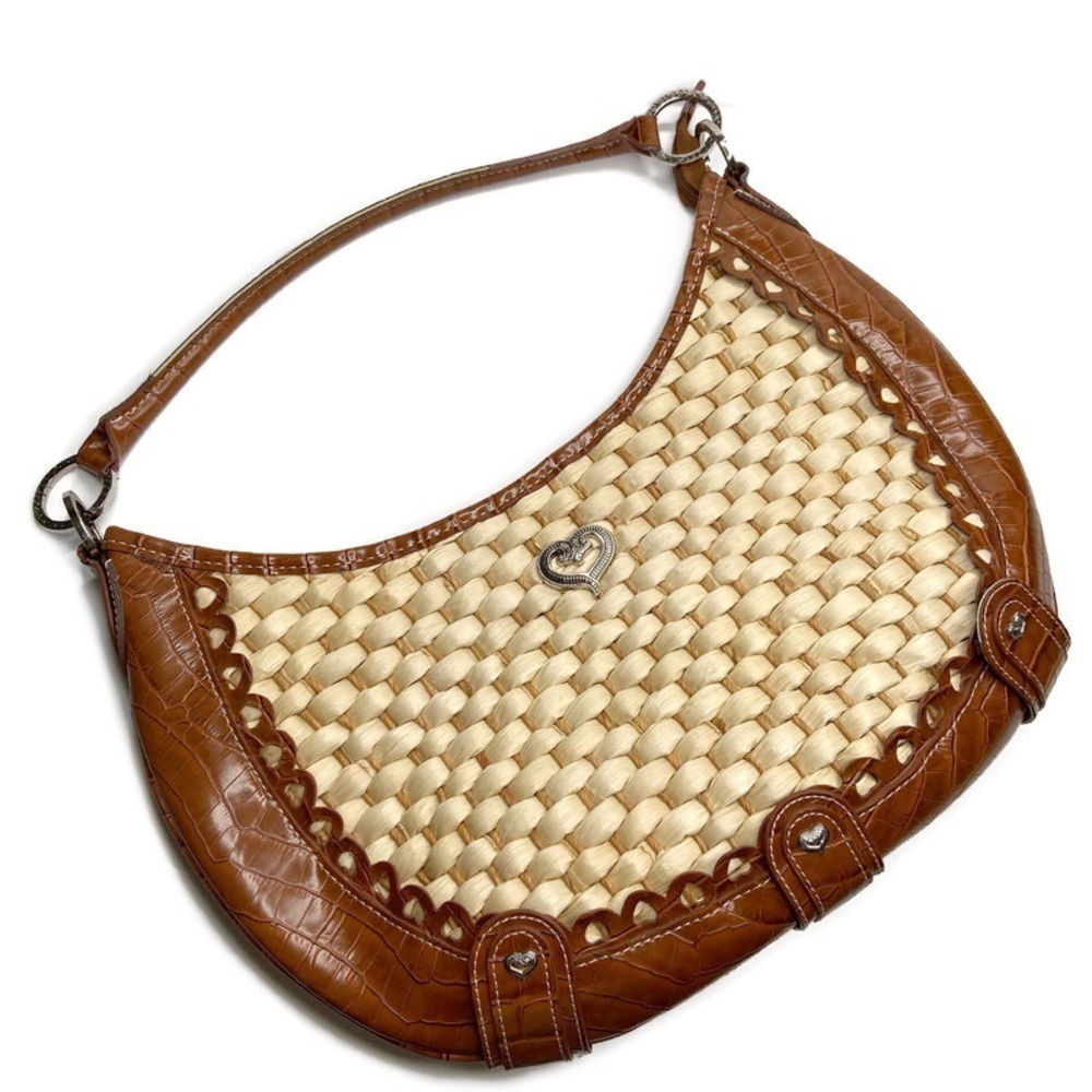 Brown Faux Leather & Woven Straw Silver Accents Purse Bag